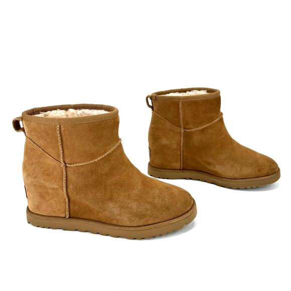 UGG Classic Femme Mini Hidden Wedge Heel Ankle Boot Size 9 Chestnut Suede Bootie - Picture 3 of 15